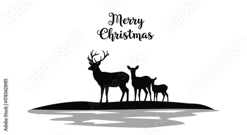Elegant merry christmas greeting card featuring a silhouette of a deer family standing on a hill with reflections below