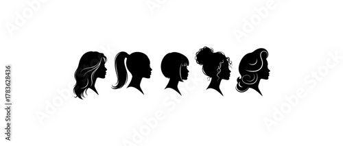 Five black silhouettes of womens heads with different hairstyles. Ideal for beauty blogs, salons, haircare products, and fashion designs.