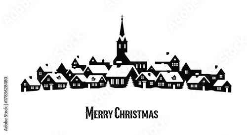 Charming silhouette of a snow covered village with a church steeple and festive merry christmas text below