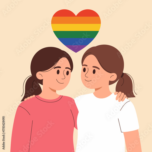 This adorable illustration features two friends standing closely together, radiating love and support under a rainbow heart, representing unity and acceptance in relationships.