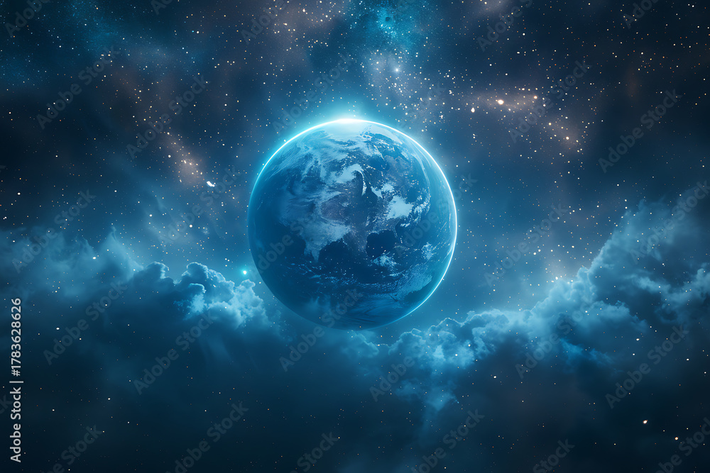 Fototapeta premium 雲海の上に浮かぶ青い地球と宇宙の光が広がる神秘的な風景