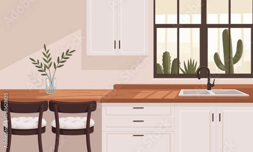 A serene modern kitchen showcasing a wooden countertop, minimalist cabinets, and a view of outdoor greenery, exemplifying the blend of style, comfort, and connection with nature.