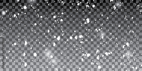 White snow. Falling snowflakes on transparent background. Snowfall. Vector illustration.