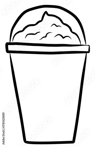 Simple line art of a creamy cold beverage in a takeaway cup with whipped topping.