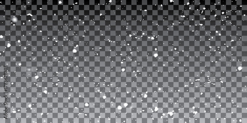Realistic snow fallen on dark transparent background. Abstract dust particles, white confetti winter png bg.  wallpaper poster elements, flyer, new year card, realistic vector snow powder.