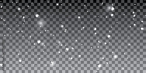 Realistic snow fallen on dark transparent background. Abstract dust particles, white confetti winter png bg.  wallpaper poster elements, flyer, new year card, realistic vector snow powder.