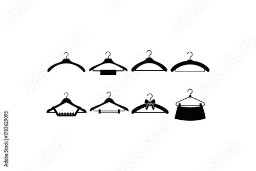 Eight black clothing hangers with different designs in silhouette. Great for fashion, retail, organization, and wardrobethemed projects and products.