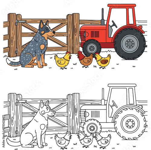 Cute Cartoon Farm Scene: Australian Cattle Dog, Chickens, Tractor by Wooden Fence
