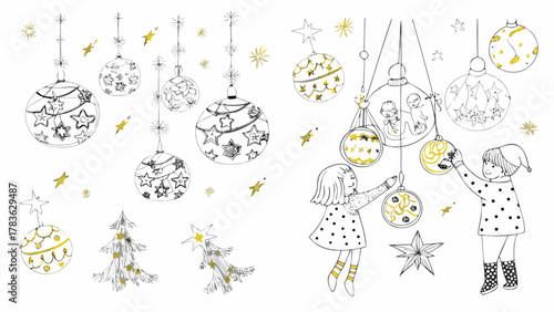 Children decorating christmas tree with star ornaments and hanging baubles