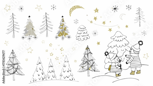 Whimsical hand drawn christmas trees and children in a snowy landscape