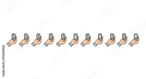 A row of cartoon-style icons depicts hands holding a battery symbol, alternating between a fully charged battery with a lightning bolt and a nearly depleted battery with a minus sign, set against a