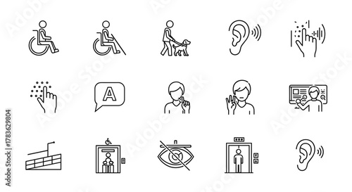 Accessibility icon set, universal access vector symbols for blind, disability, people or visually impaired access the web, tactile paving, elevator, hearing, speech, and touch screen interaction