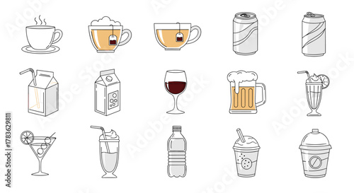 A diverse collection of beverage line icons, featuring steaming coffee cups, refreshing teas, milk cartons, canned drinks, wine glasses, frothy beer mugs, cocktails, milkshakes, bottled water, and