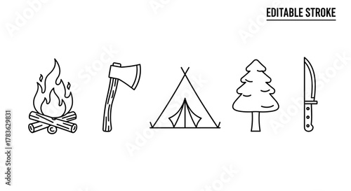 Simple line art collection of camping and outdoor adventure icons, including a bonfire, axe, tent, pine tree, and knife, perfect for infographics, articles, books, flyers, and banners, presented with