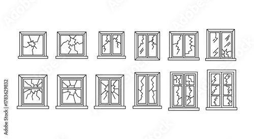 Collection of minimalistic vector illustrations depicting various broken windows with cracked glass, presented in a clean, line-art style suitable for web design, graphic applications, banners