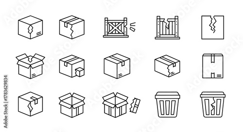 Set of minimalistic outline icons representing broken boxes, damaged crates, and trash bins, perfect for web and graphic design, apps, banners, social networks, and cards. This vector cartoon
