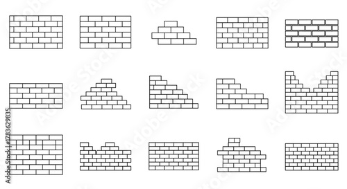 Collection of simple brick wall icons with editable stroke, perfect for infographics, articles, books, flyers, and banners. Vector cartoon illustration showcasing various brick wall designs