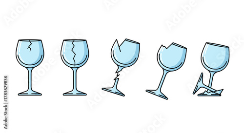 Set of five stylized wine glasses, depicting stages of breakage from hairline cracks to shattered fragments, presented in a clean, vector cartoon illustration style on a white background, ideal for