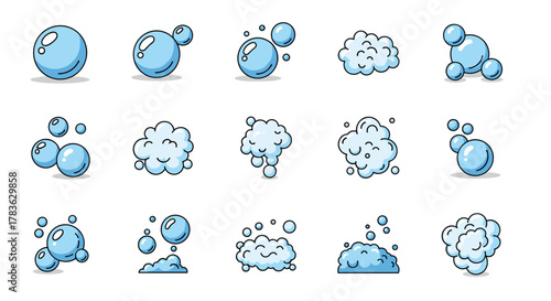 Collection of cartoon-style bubbles and foam symbols, perfect for interface design, social media posts, advertisements, and various card designs, presented as a clean vector illustration on a white