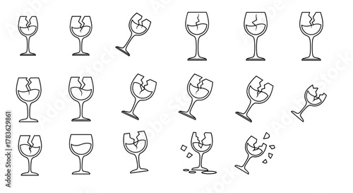 Set of simple thin line icons representing broken wine glasses, perfect for websites, books, cards, and apps. This vector cartoon illustration features various stages of breakage and scattering
