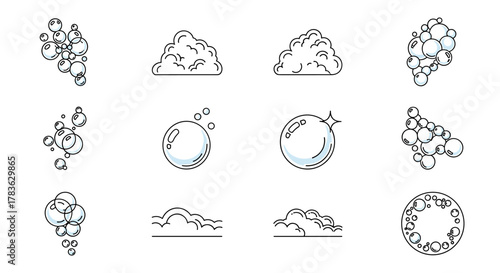 Collection of stylized line art icons representing bubbles and foam, perfect for graphic design, web elements, cards, books, and articles. This vector cartoon illustration set on a white background