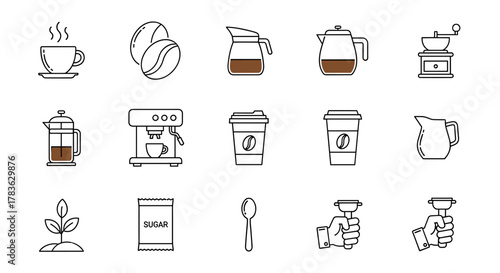 Modern Outline Style Coffee Icons for Design, Cards, Apps, Social Networks, Vector Cartoon Illustration with a White Background, Ordered Set: Hot Coffee Cup, Beans, Carafe, Teapot, Grinder, French