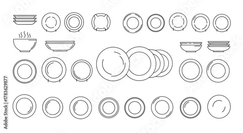 Collection of clean, simple, linear outline illustrations of plates and bowls, editable stroke, perfect for web sites, books, cards, apps, vector cartoon illustration with a white background.