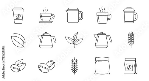 Collection of linear icons representing coffee and tea culture, including steaming cups, teapots, coffee beans, tea leaves, wheat stalks, and packaging, perfect for interface design, booklets, cards
