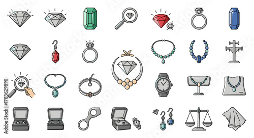 Collection of Jewelry-Related Line Icons, Featuring Diamonds and Gemstones, Perfect for Graphic and Web Design, Apps, Advertisements, Various Cards, and Vector Cartoon Illustrations