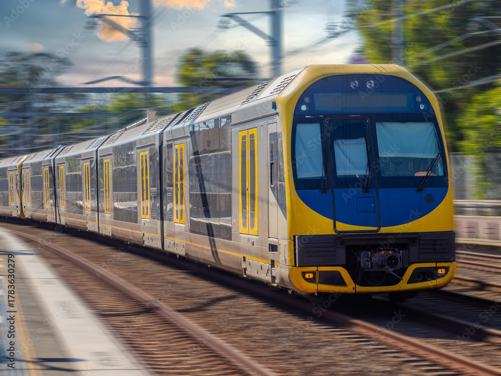 Fototapeta premium Passenger Train going through Summer Hill train station a suburban Sydney train Station NSW Australia