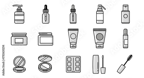 Set of simple cosmetic icons including pump bottles, dropper bottles, jars, tubes, spray bottles, compacts, and mascara, presented in a clean, modern vector cartoon illustration style on a white