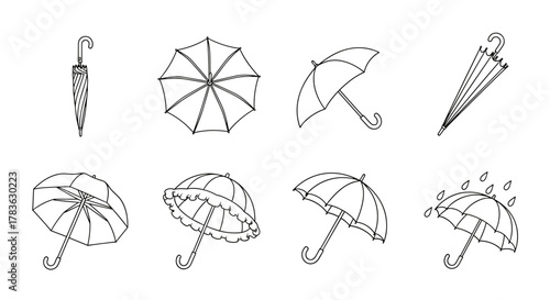 Collection of eight diverse outline umbrella and parasol illustrations, showcasing various styles from closed and striped to open with decorative edges and rain drops, perfect for graphic design
