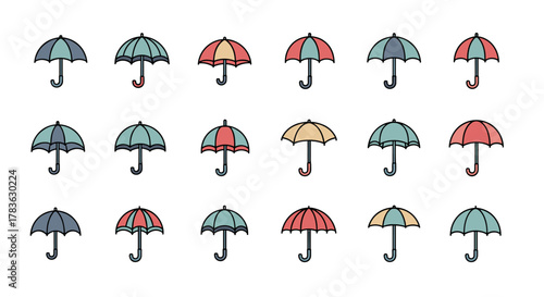 Collection of colorful cartoon umbrellas and parasols in various shades of blue, red, and yellow, neatly arranged on a clean white background, perfect for graphic design, book illustrations
