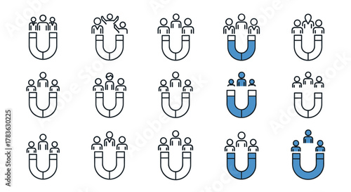 Collection of horseshoe magnet icons attracting people figures, symbolizing customer attraction, lead generation, audience engagement, and marketing strategies. This set includes various outlines and