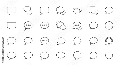 A comprehensive collection of minimalistic linear outline speech bubble icons, perfect for web and graphic design, apps, banners, social networks, and cards, featuring diverse shapes and styles for