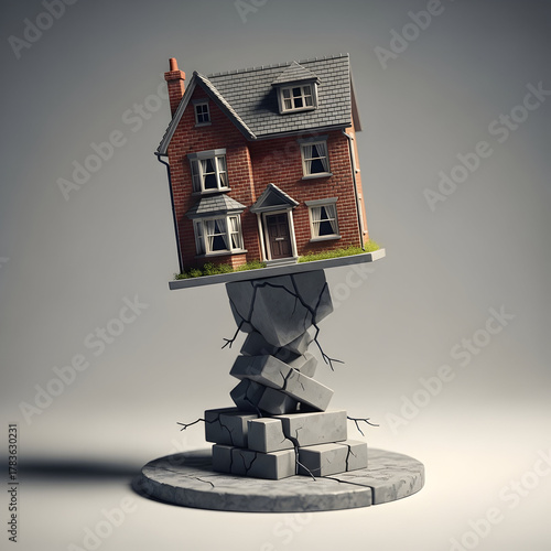 House on crumbling foundation stack, symbolizing housing market instability, financial risk, and structural collapse.