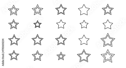 Collection of star outline icons in various sizes and styles, including solid and double-lined stars, perfect for infographics, articles, books, flyers, and banners, presented as a versatile vector
