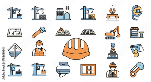 Vibrant flat design icons representing construction and building elements, including cranes, architectural blueprints, excavators, workers in safety vests, hard hats, building structures, and various