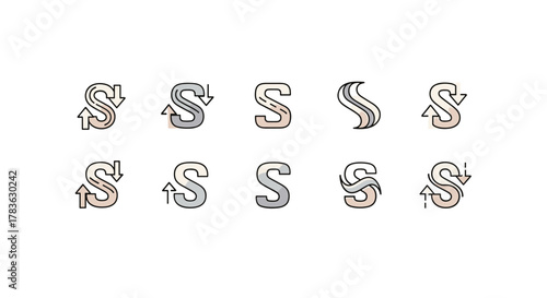 Set of ten stylized letter S icons, featuring arrows indicating up and down movement, presented in a clean, modern vector cartoon illustration style on a white background. This ordered collection of