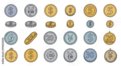 Collection of various coins, including dollar, yen, and numbered denominations, presented in a flat, cartoon vector style with editable stroke. Ideal for infographics, articles, books, flyers, and