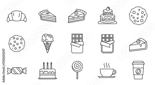 A delightful collection of dessert icons in a clean, minimalist line art style, featuring a croissant, slices of pie, a tiered cake, cookies, ice cream cone, chocolate bars, a wrapped candy