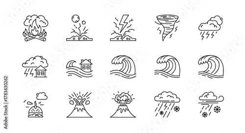 Vector line icon set depicting natural disasters and weather hazards including wildfire, earthquake, tornado, flood, tsunami, volcanic eruption, lightning storm, and snowstorm, representing
