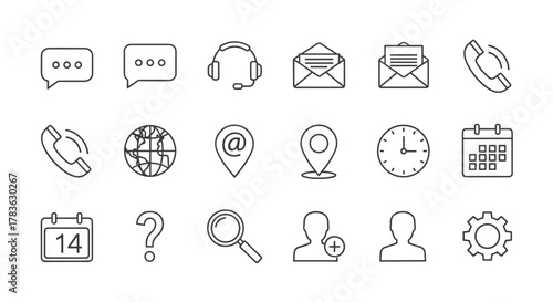 A clean and modern line icon set for web and mobile applications, featuring essential contact and communication symbols like chat bubbles, support headphones, email envelopes, phone receivers, a