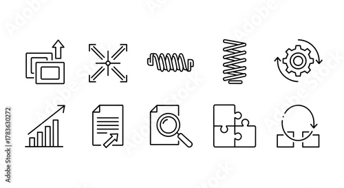Scalability Line Icon Set: Business Growth and Development Concepts. Vector icons representing scale, resize, expand, elasticity, adaptability, performance, and efficiency for modern business