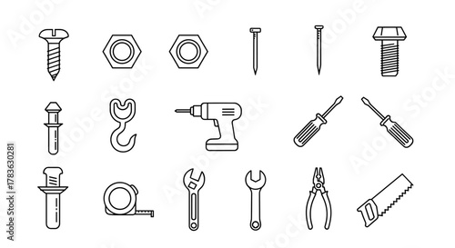 Set of black outline icons representing various hardware and tools, including screws, nuts, bolts, nails, a hook, a drill, a tape measure, wrenches, pliers, and a saw, isolated on a white background