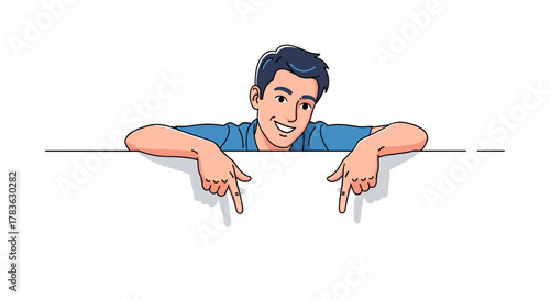 Smiling young man peeking over and behind a blank white board, leaning forward and pointing down with both index fingers, inviting viewers to look or click below, perfect for advertising and
