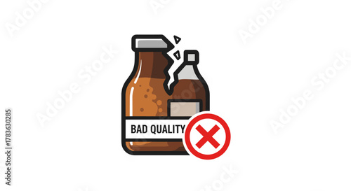 Vector illustration of a broken bottle labeled "BAD QUALITY" with a red cross mark, symbolizing poor product standards, failed inspection, and unacceptable manufacturing outcomes in a business or