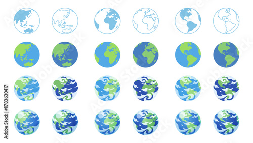 デフォルメされた3種類の角度の地球のイラスト素材セット