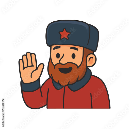 Man waving hand. Friendly soldier greeting with smile. Bearded man wearing red uniform and winter hat.