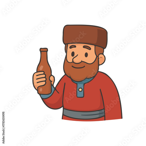 Bearded man holding a bottle. Cheerful traditional man smiling warmly. Character wearing red outfit and brown fur hat.